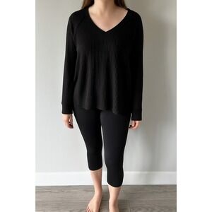 Calvin Klein Jeans Black Waffle Knit V Neck Long Sleeve Top